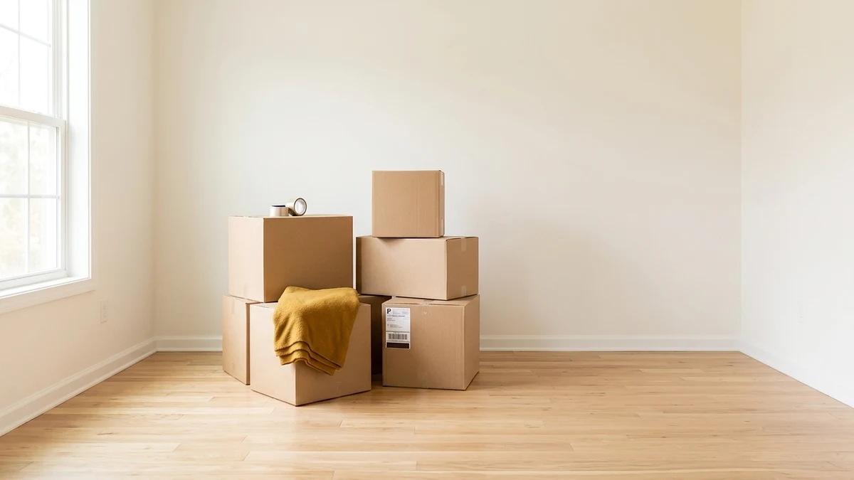 Moving boxes stacked in an empty living room
