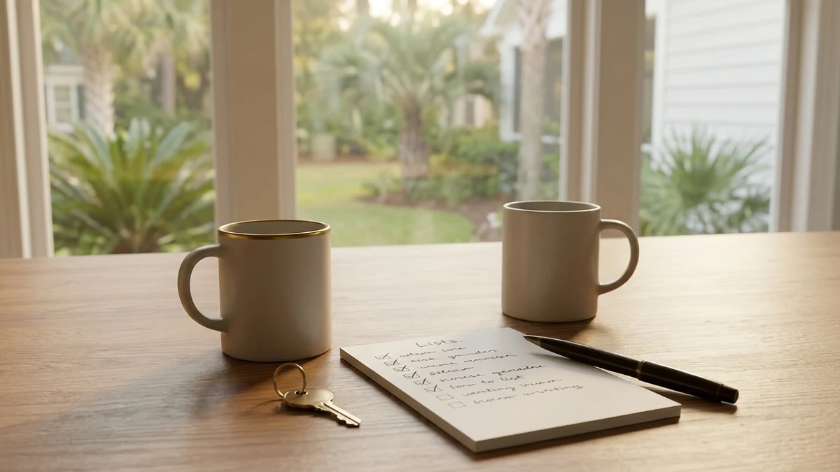 A young couple reviewing paperwork together at a kitchen table